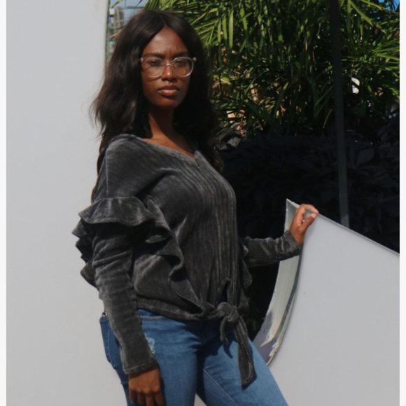 (NWT) Ruffle Trim V-Neck Sweater - Dark Grey - Picture 3 of 5